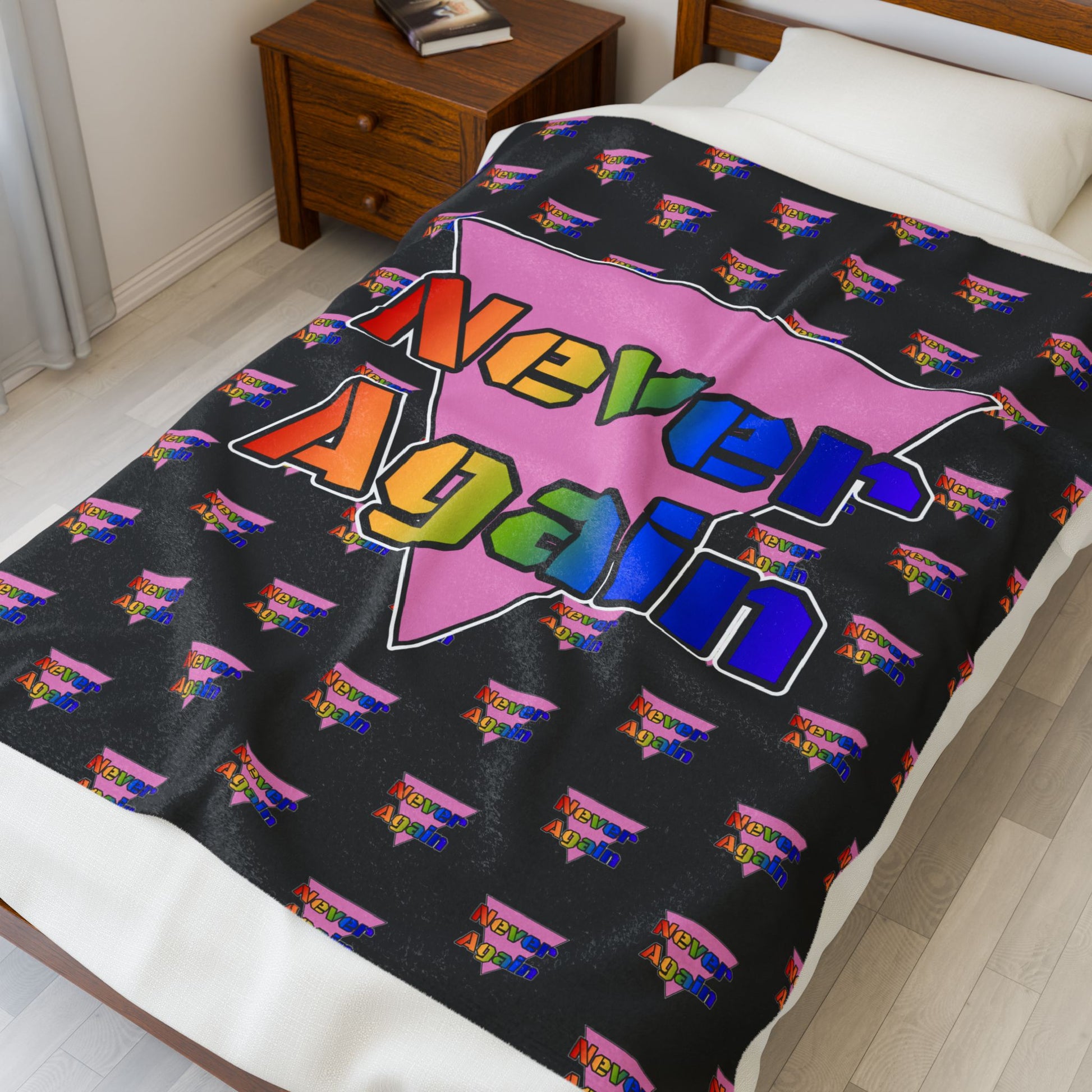 Never Again Bold Rainbow Letters Velveteen Plush Blanket