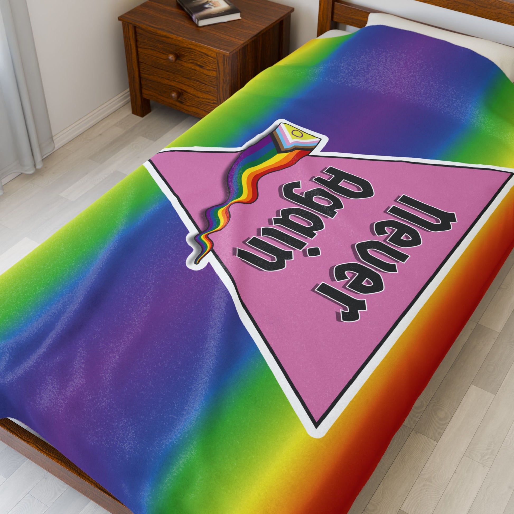 Never Again Rainbow Velveteen Plush Blanket - Soft & Cozy Decor for Pride Events