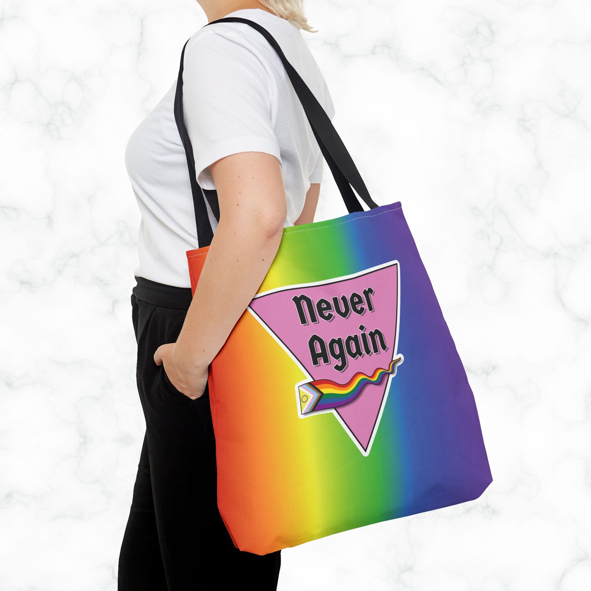 Pride Tote Bag - 'Never Again' Rainbow Design for LGBTQ+ Advocacy