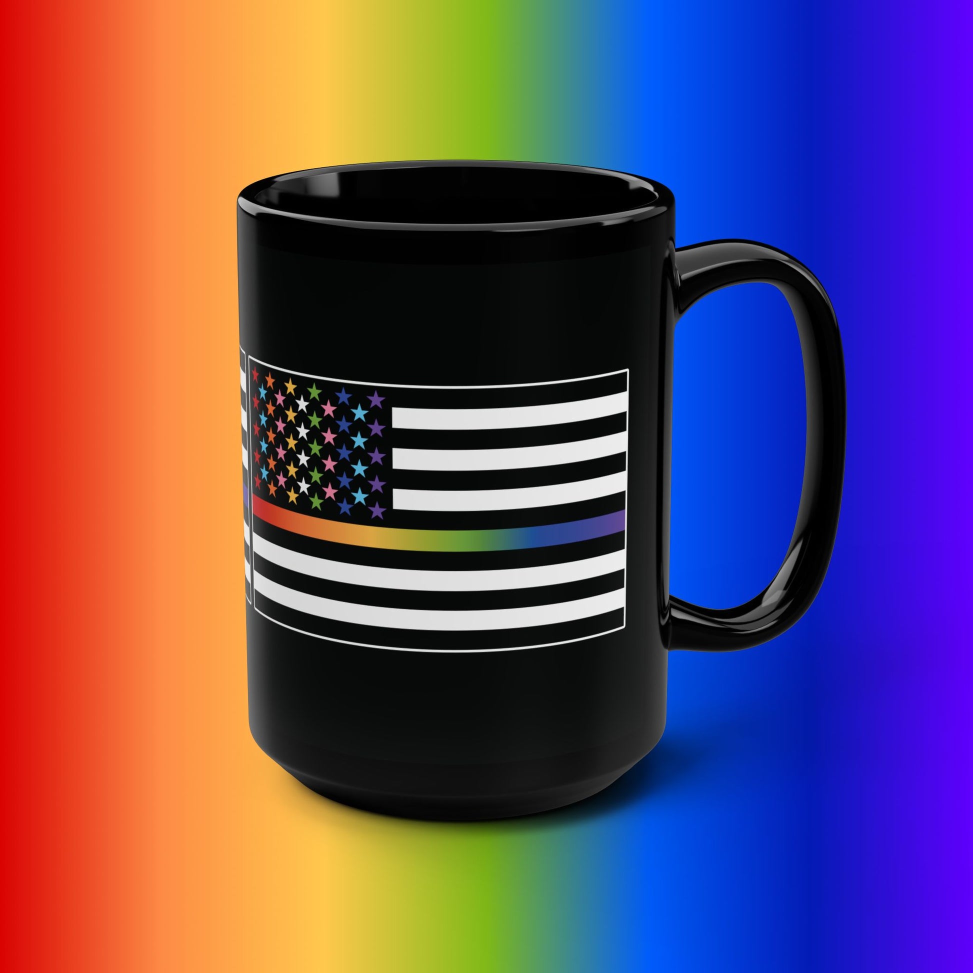 15oz Black Pride Mug - American Flag with Rainbow Stripes