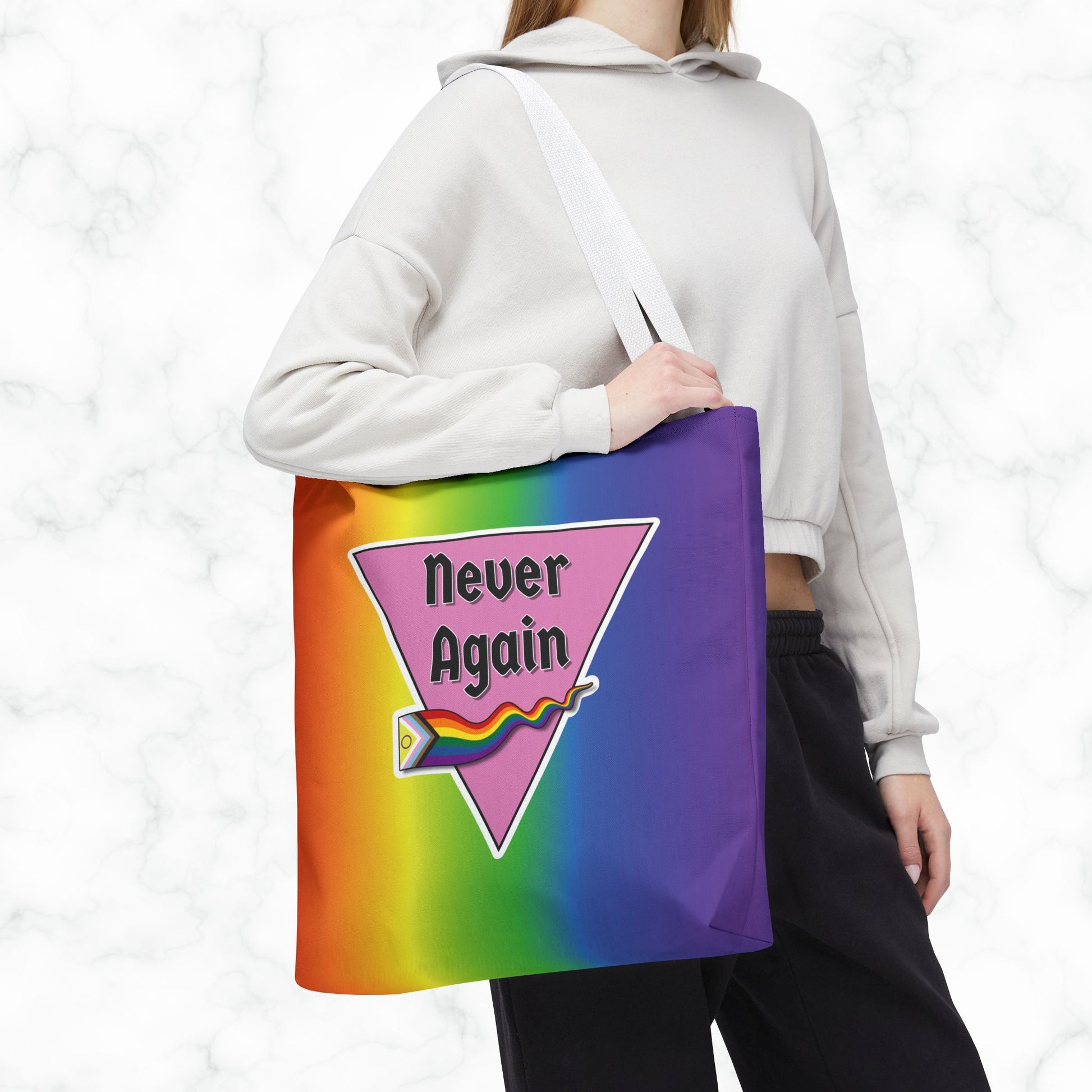 Pride Tote Bag - 'Never Again' Rainbow Design for LGBTQ+ Advocacy