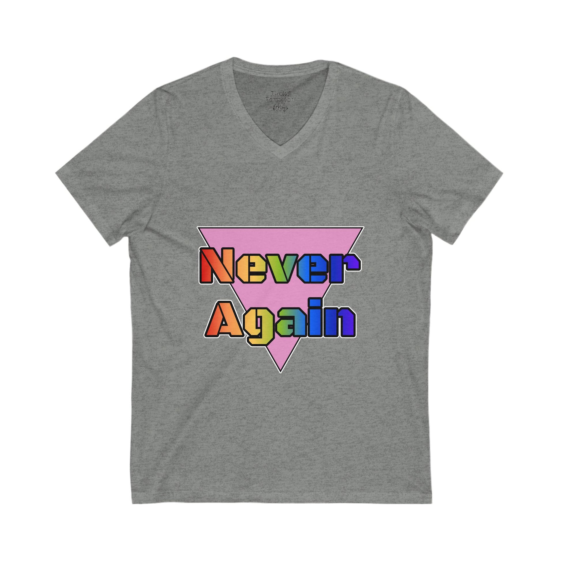 Never Again Bold Letters Gender Neutral V-Neck Tee
