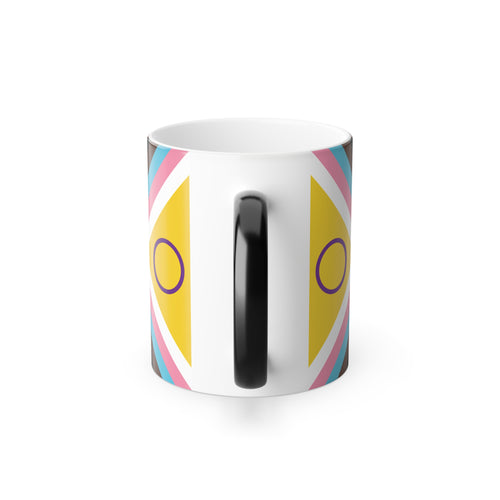 "Never Again" Pink Triangle & Progress Pride FlagColor Morphing Mug