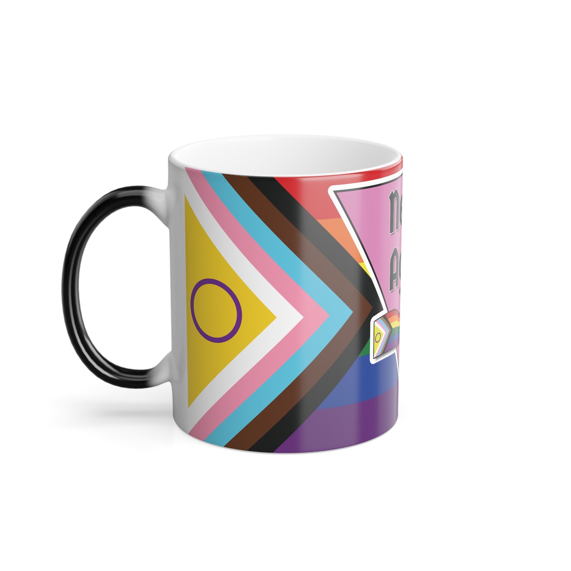 "Never Again" Pink Triangle & Progress Pride FlagColor Morphing Mug