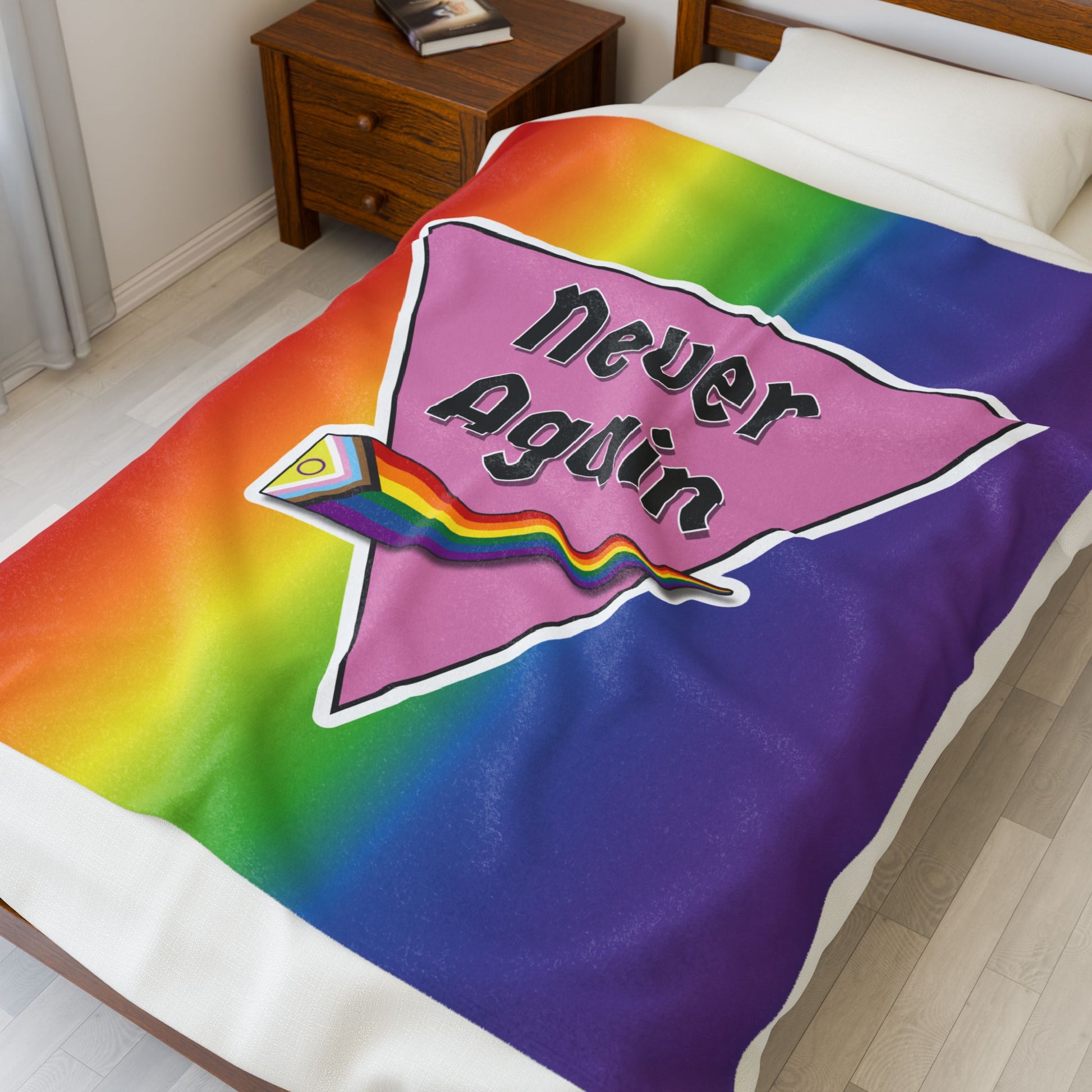 Never Again Rainbow Velveteen Plush Blanket - Soft & Cozy Decor for Pride Events