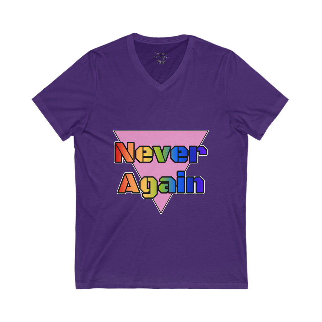 Never Again Bold Letters Gender Neutral V-Neck Tee