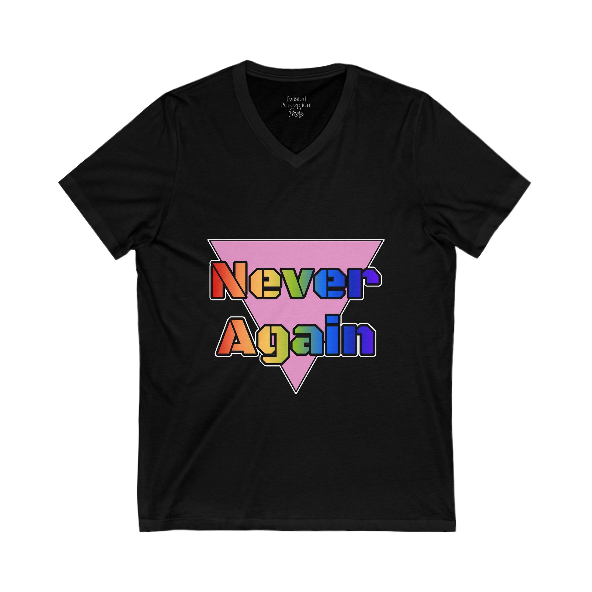 Never Again Bold Letters Gender Neutral V-Neck Tee