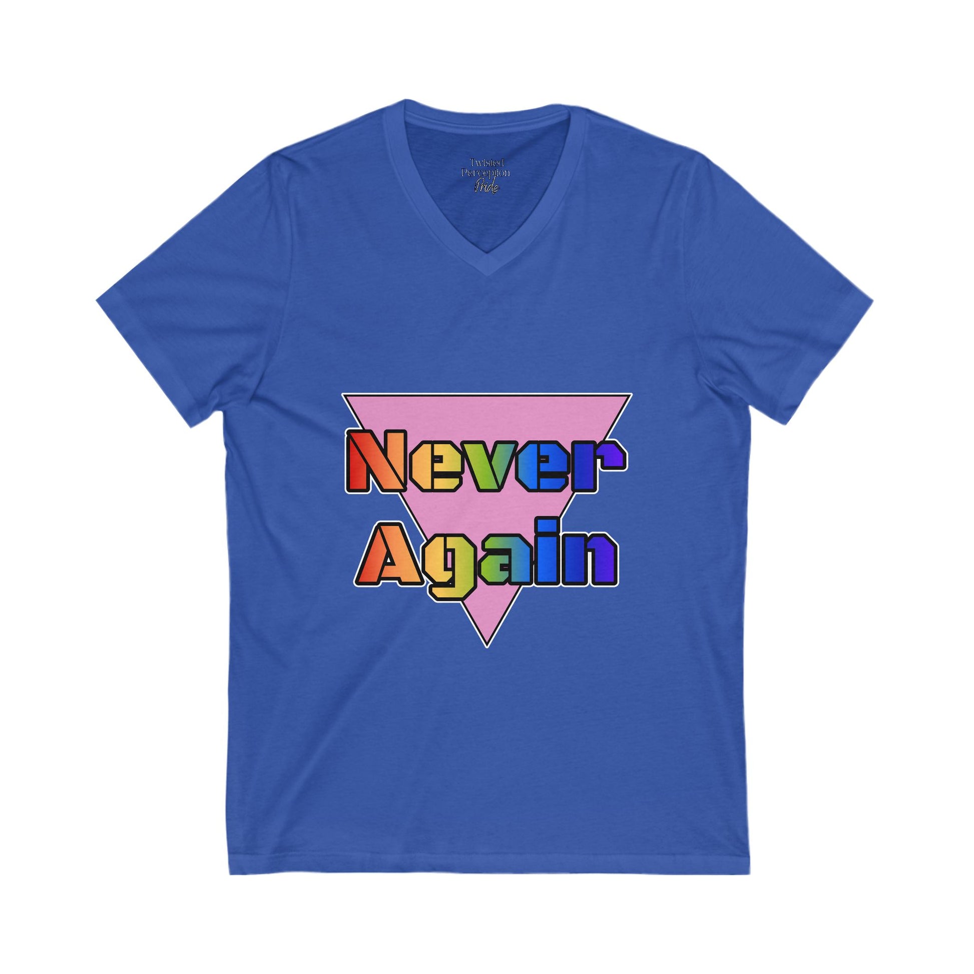 Never Again Bold Letters Gender Neutral V-Neck Tee