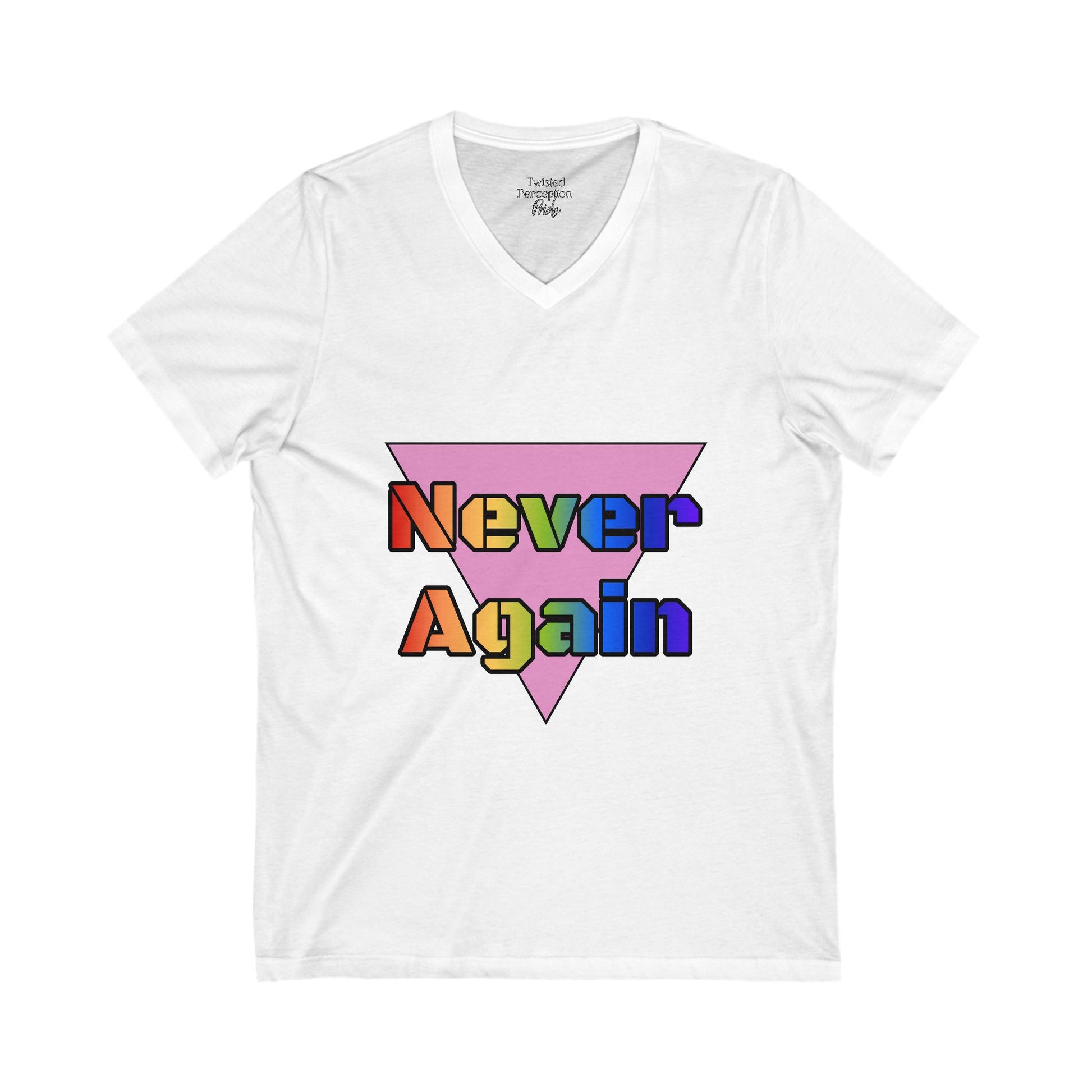 Never Again Bold Letters Gender Neutral V-Neck Tee
