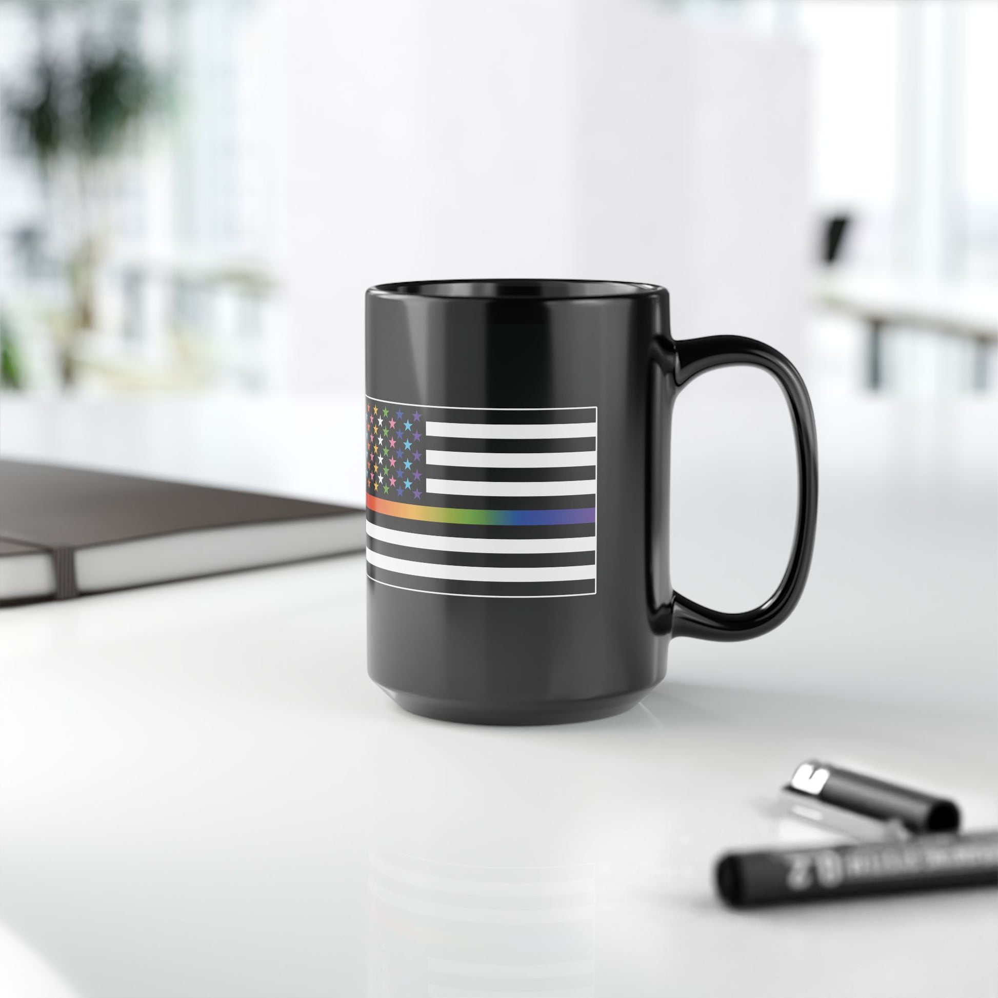 15oz Black Pride Mug - American Flag with Rainbow Stripes