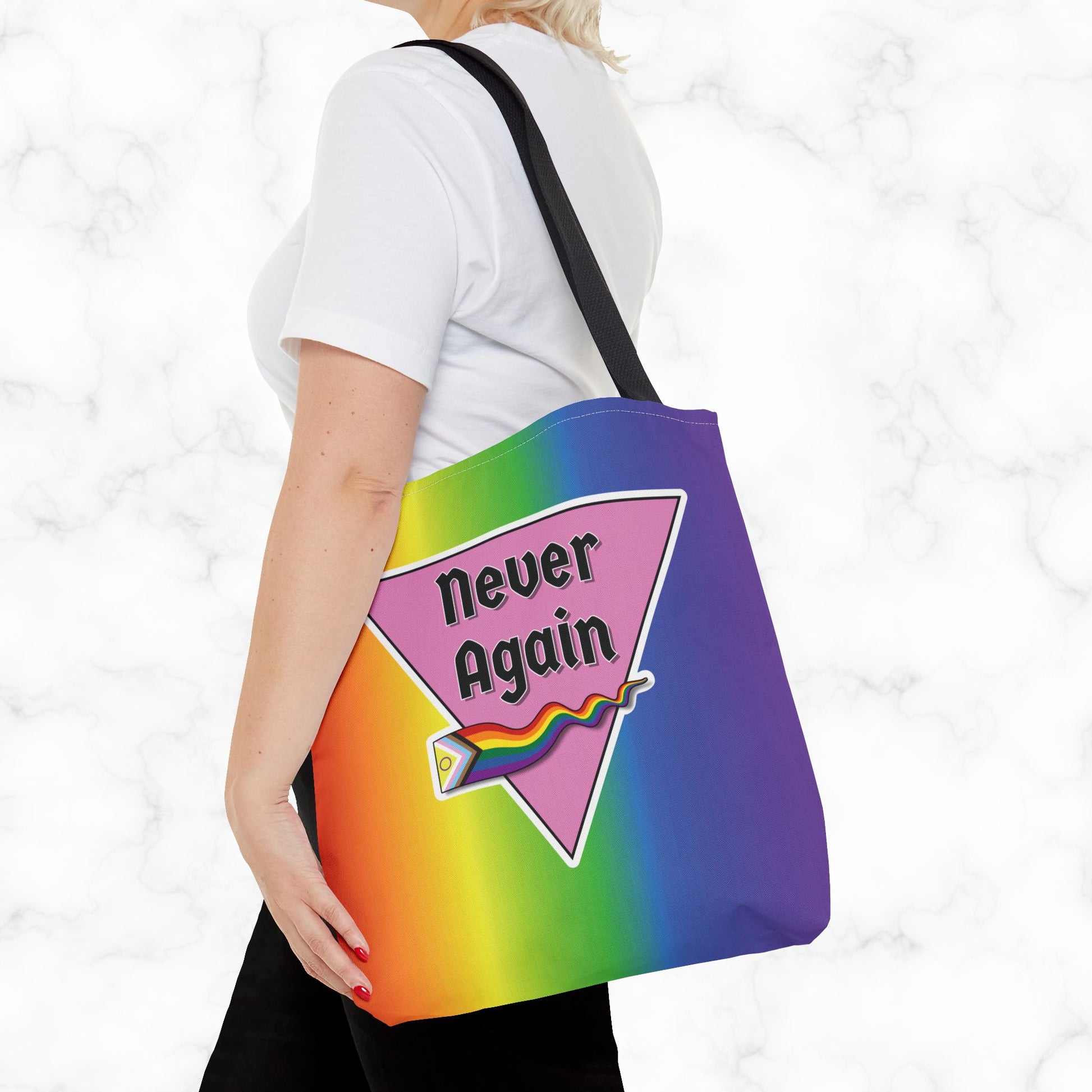 Pride Tote Bag - 'Never Again' Rainbow Design for LGBTQ+ Advocacy