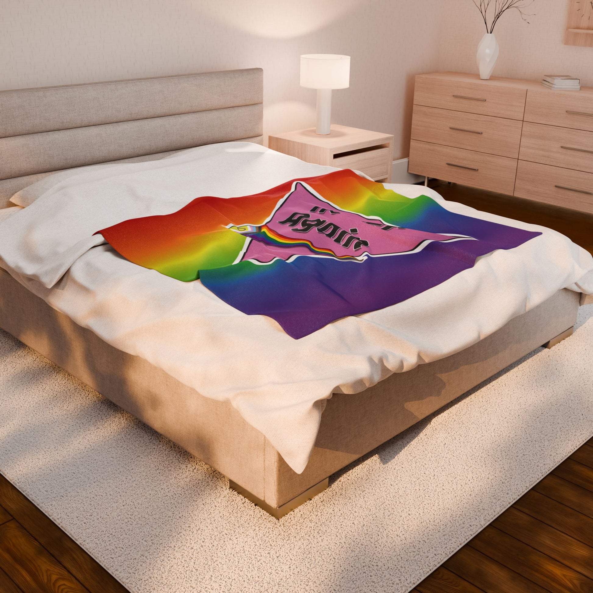 Never Again Rainbow Velveteen Plush Blanket - Soft & Cozy Decor for Pride Events