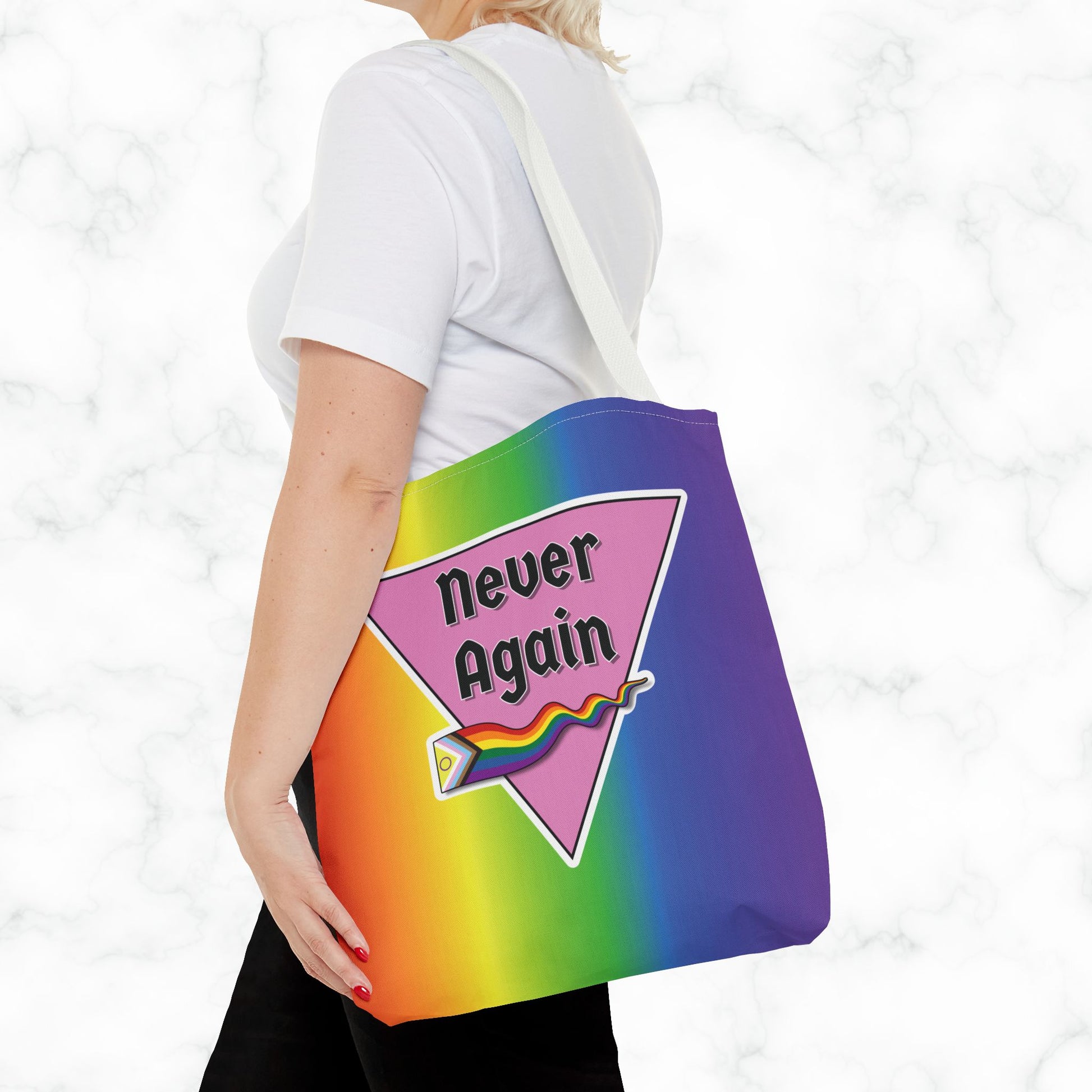 Pride Tote Bag - 'Never Again' Rainbow Design for LGBTQ+ Advocacy