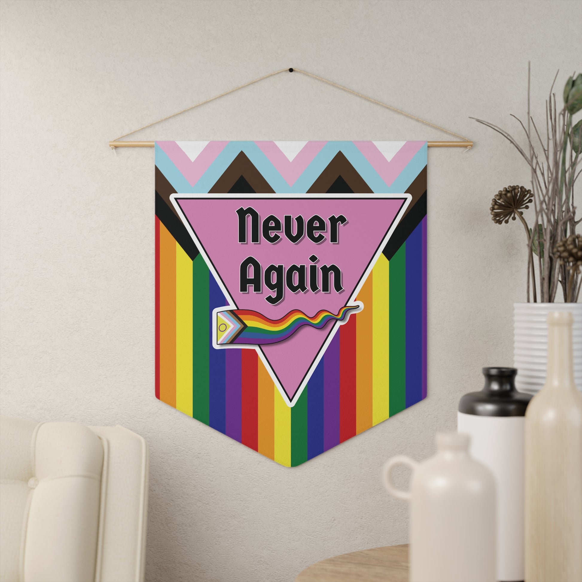 Colorful 'Never Again' Pennant – Vibrant Wall Decor for Pride and Activism