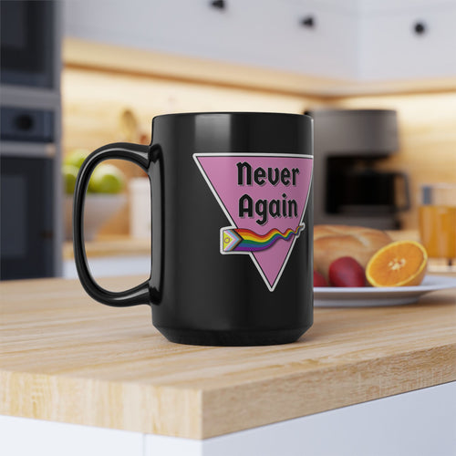 'Never Again' Pink Triangle & Flag 15oz Black Mug