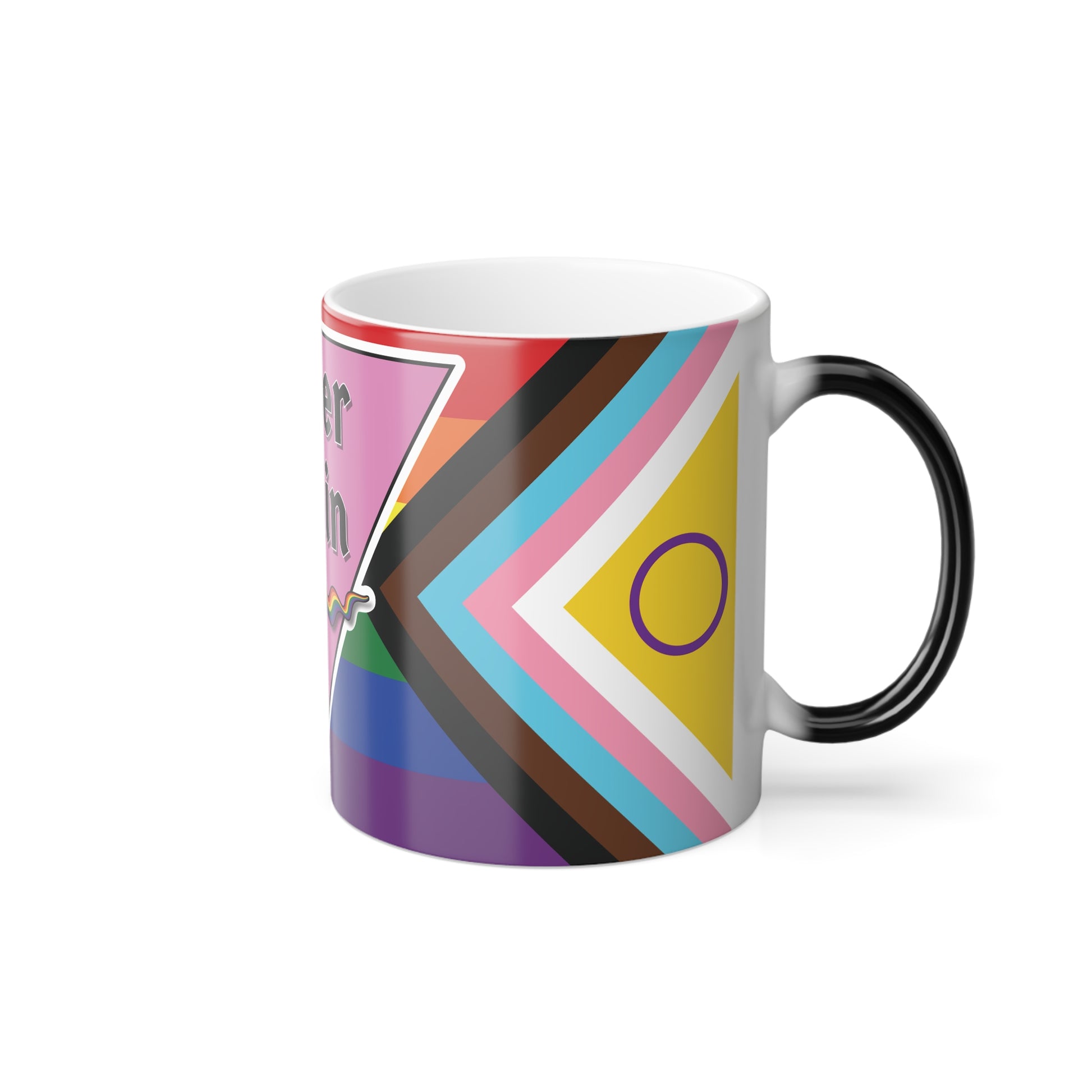 "Never Again" Pink Triangle & Progress Pride FlagColor Morphing Mug