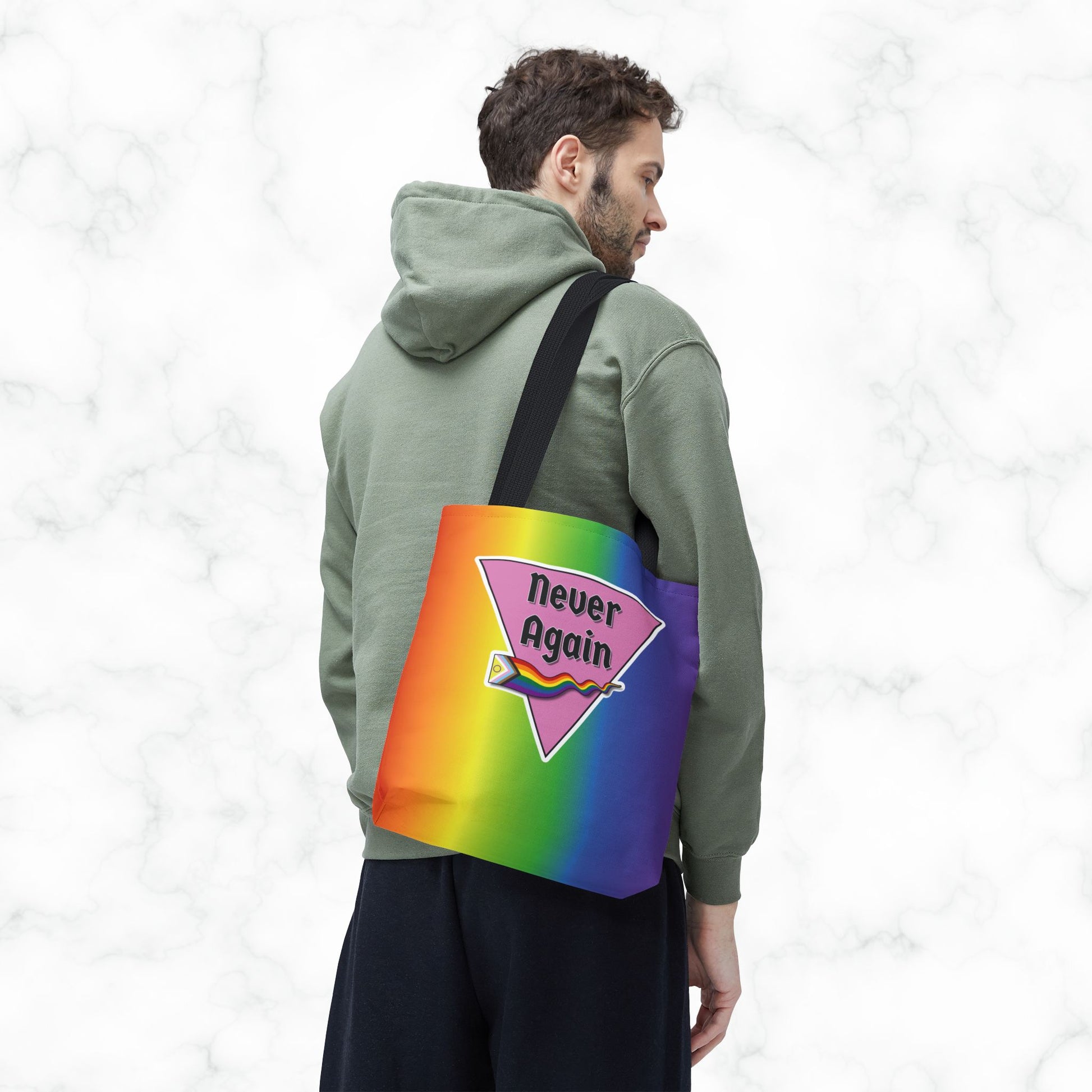 Pride Tote Bag - 'Never Again' Rainbow Design for LGBTQ+ Advocacy