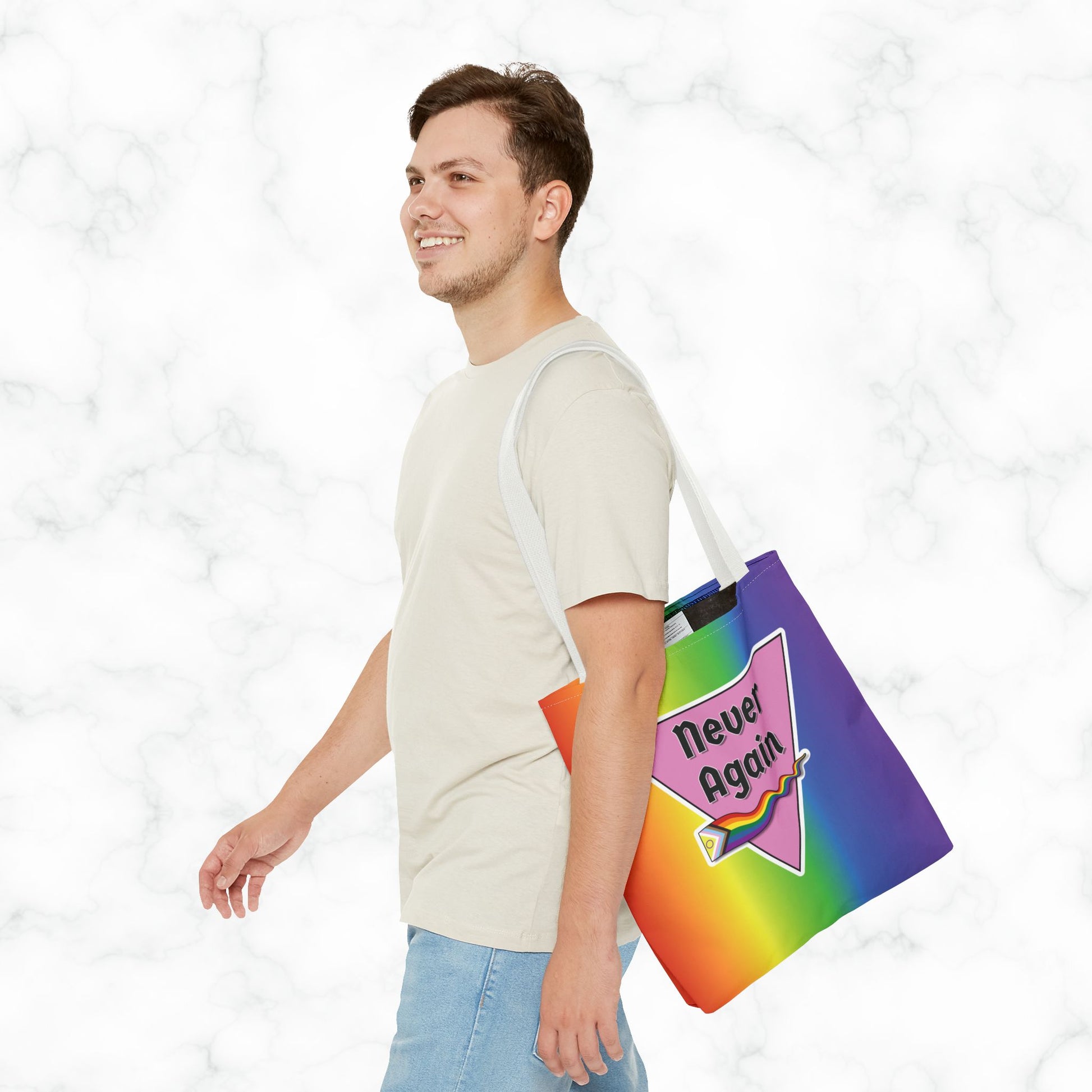 Pride Tote Bag - 'Never Again' Rainbow Design for LGBTQ+ Advocacy