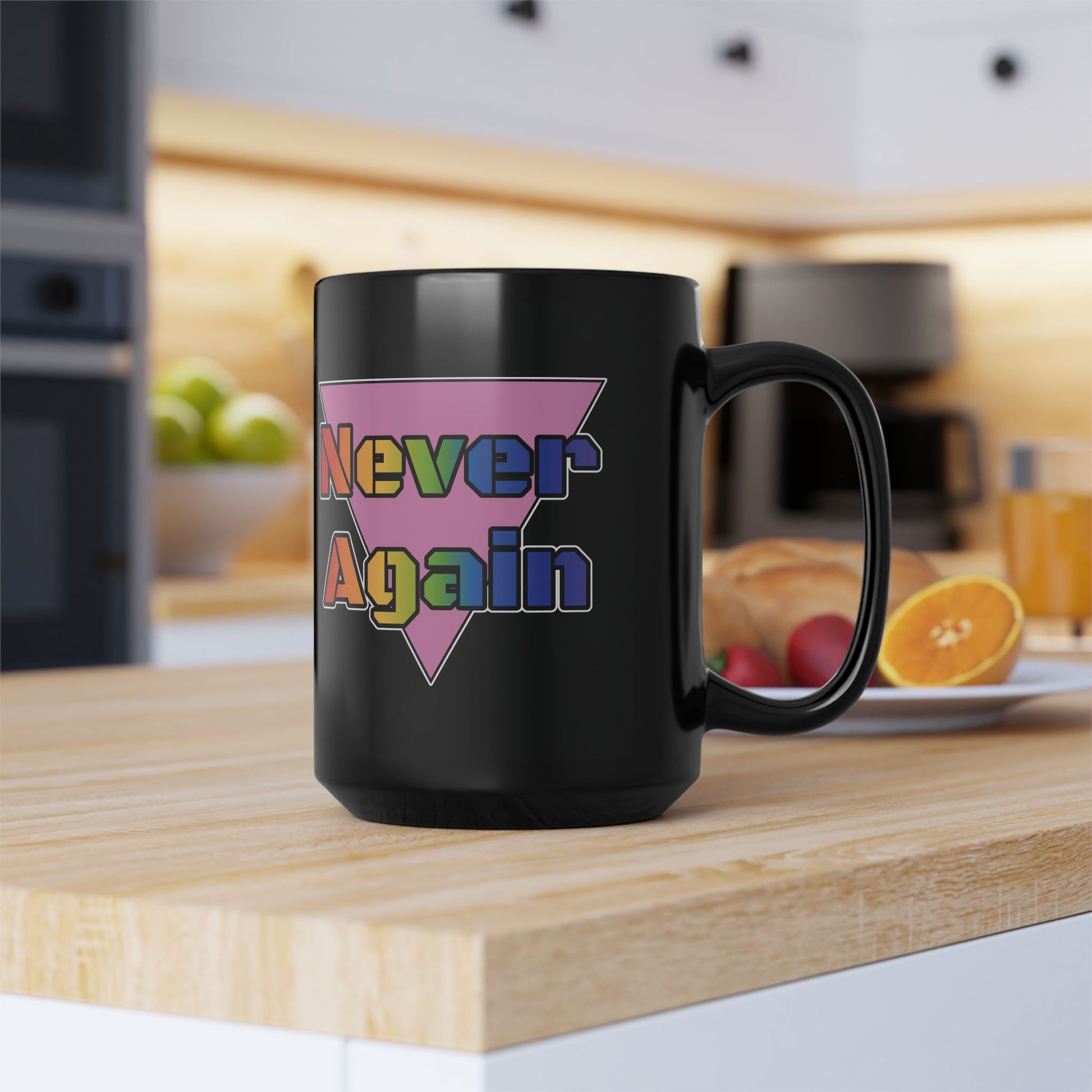 Never Again Black Mug - 15oz Statement Coffee Cup for LGBTQ+ Pride and Resilience
