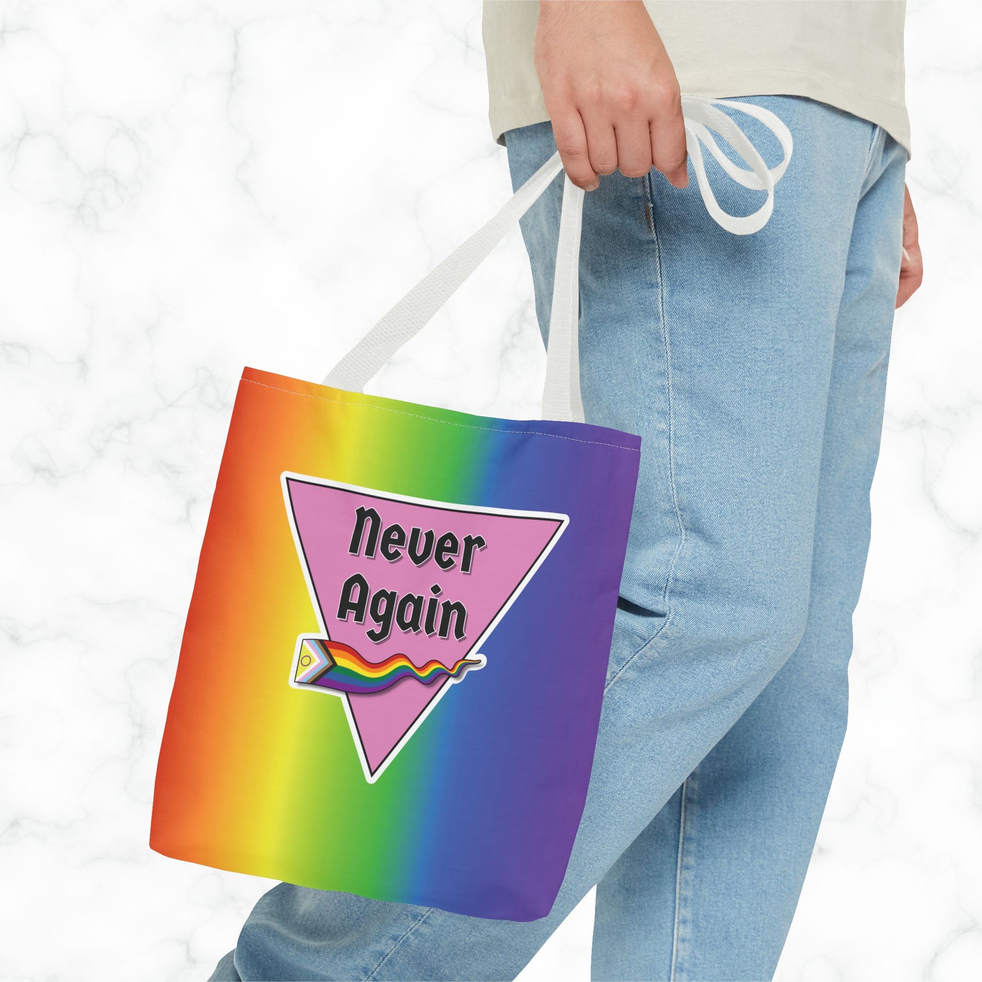 Pride Tote Bag - 'Never Again' Rainbow Design for LGBTQ+ Advocacy