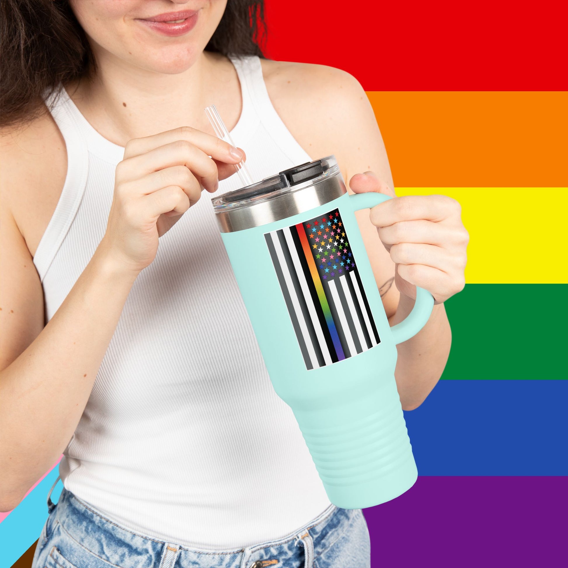 Thin Queer Line Pride Flag Insulated Travel Mug - 40oz