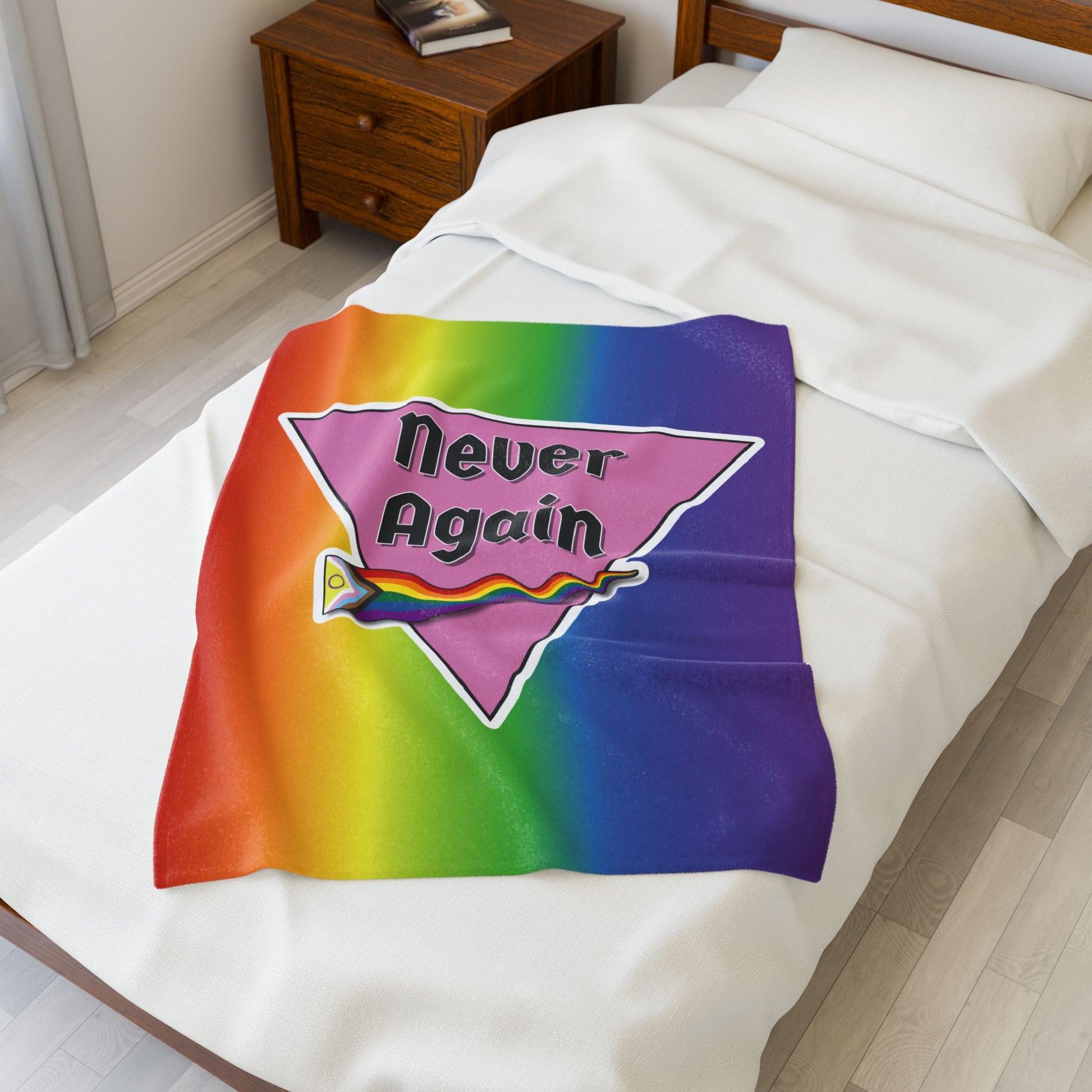 Never Again Rainbow Velveteen Plush Blanket - Soft & Cozy Decor for Pride Events