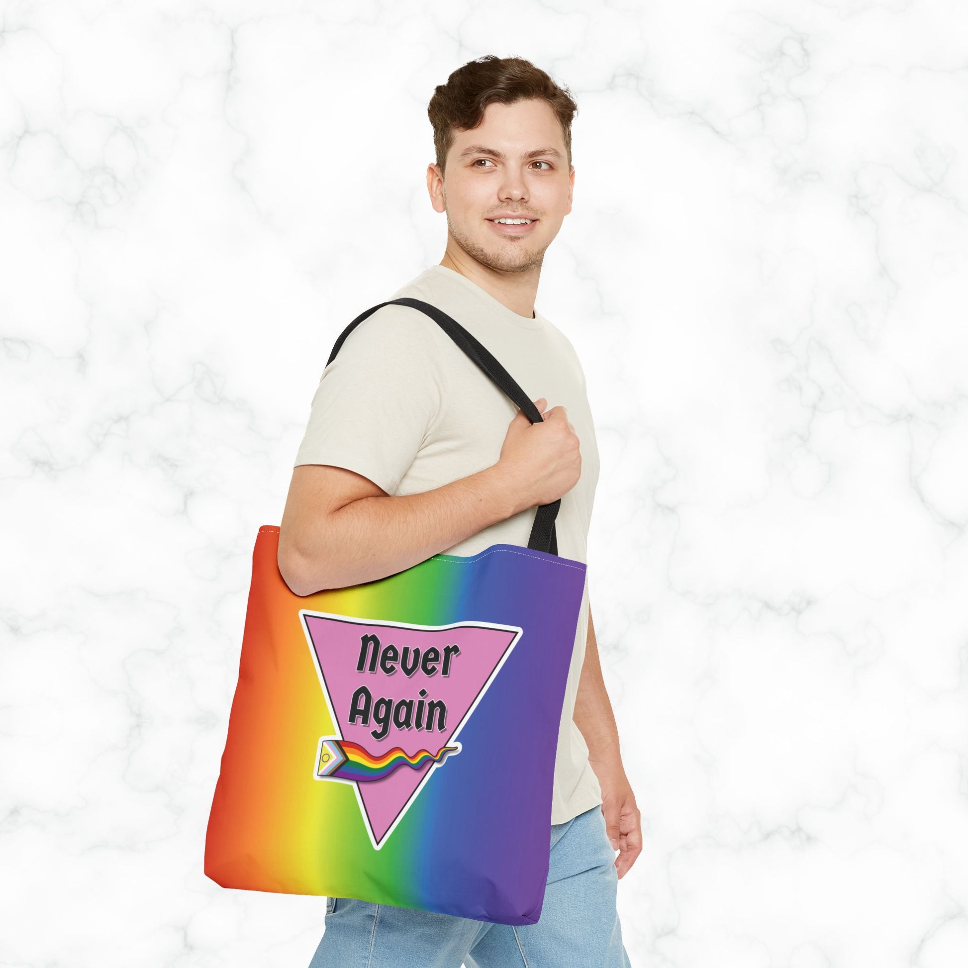 Pride Tote Bag - 'Never Again' Rainbow Design for LGBTQ+ Advocacy