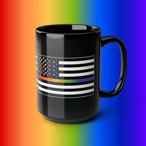 15oz Black Pride Mug - American Flag with Rainbow Stripes
