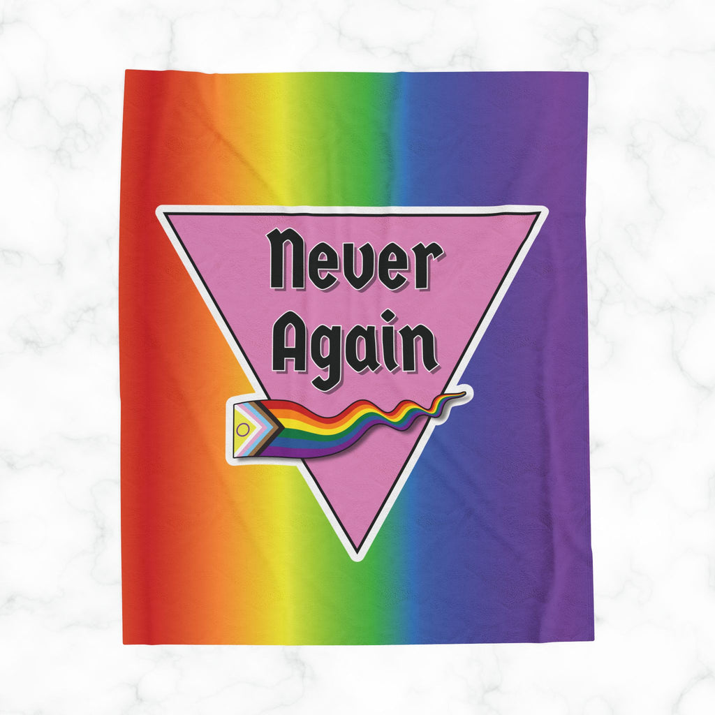 Never Again Rainbow Velveteen Plush Blanket - Soft & Cozy Decor for Pride Events