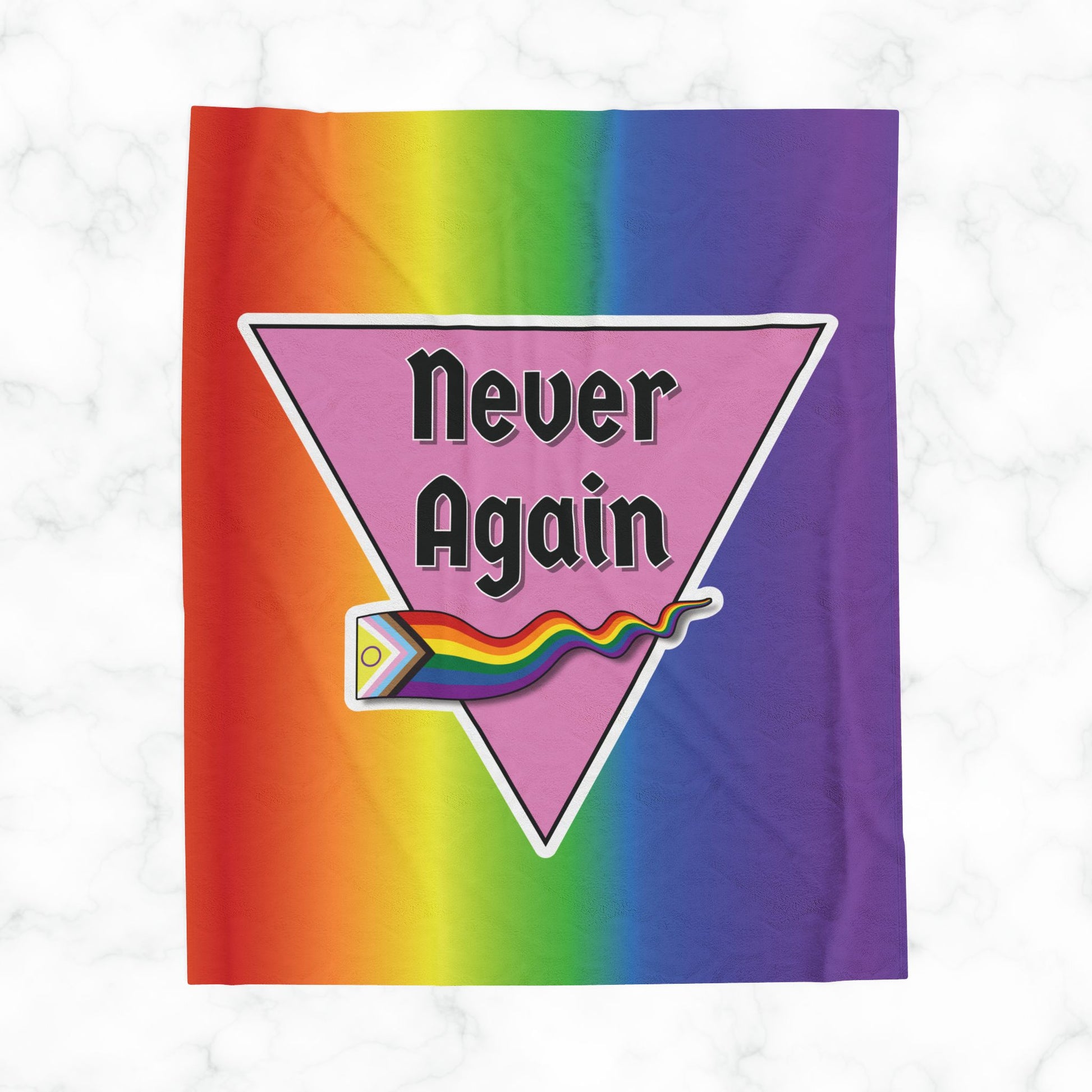 Never Again Rainbow Velveteen Plush Blanket - Soft & Cozy Decor for Pride Events