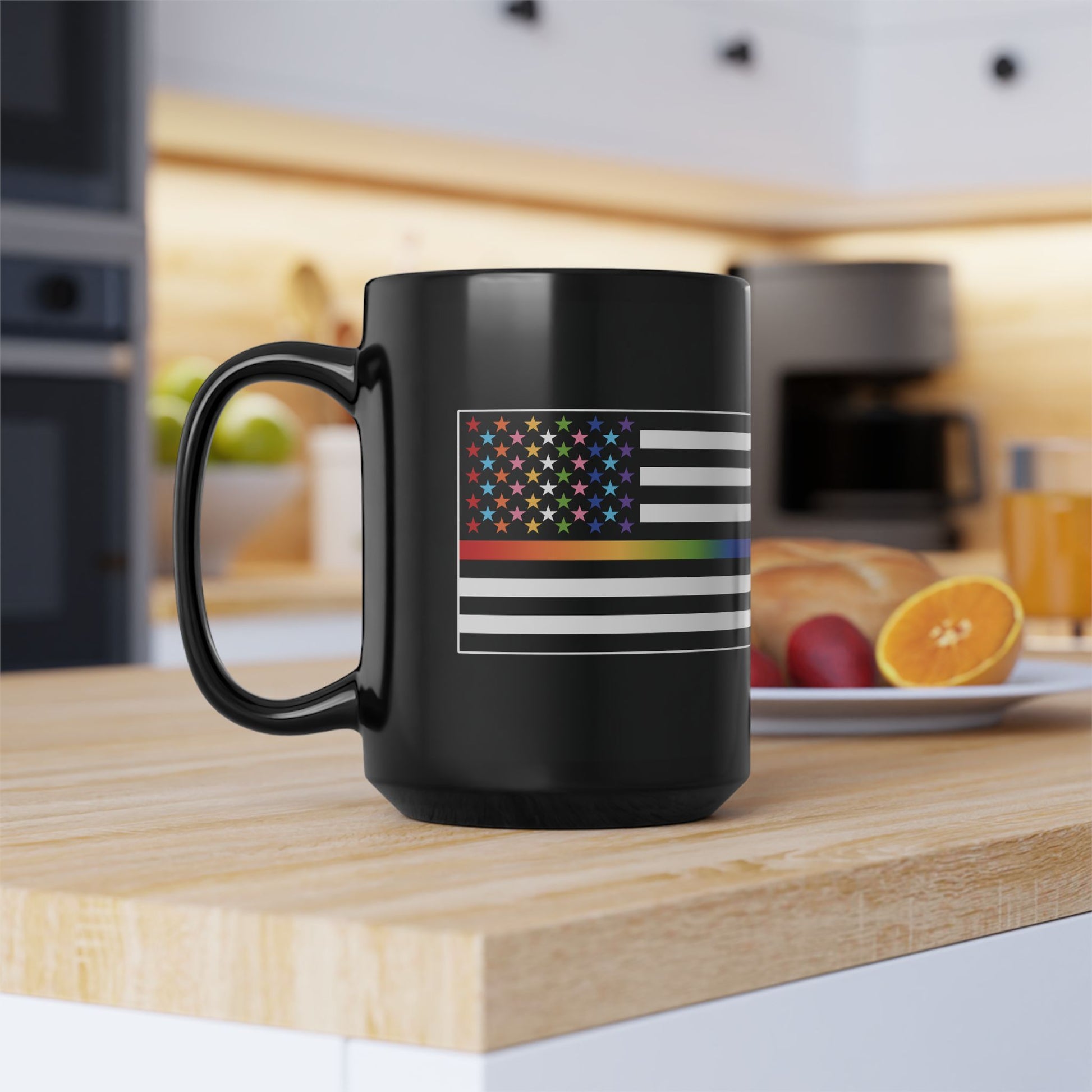 15oz Black Pride Mug - American Flag with Rainbow Stripes