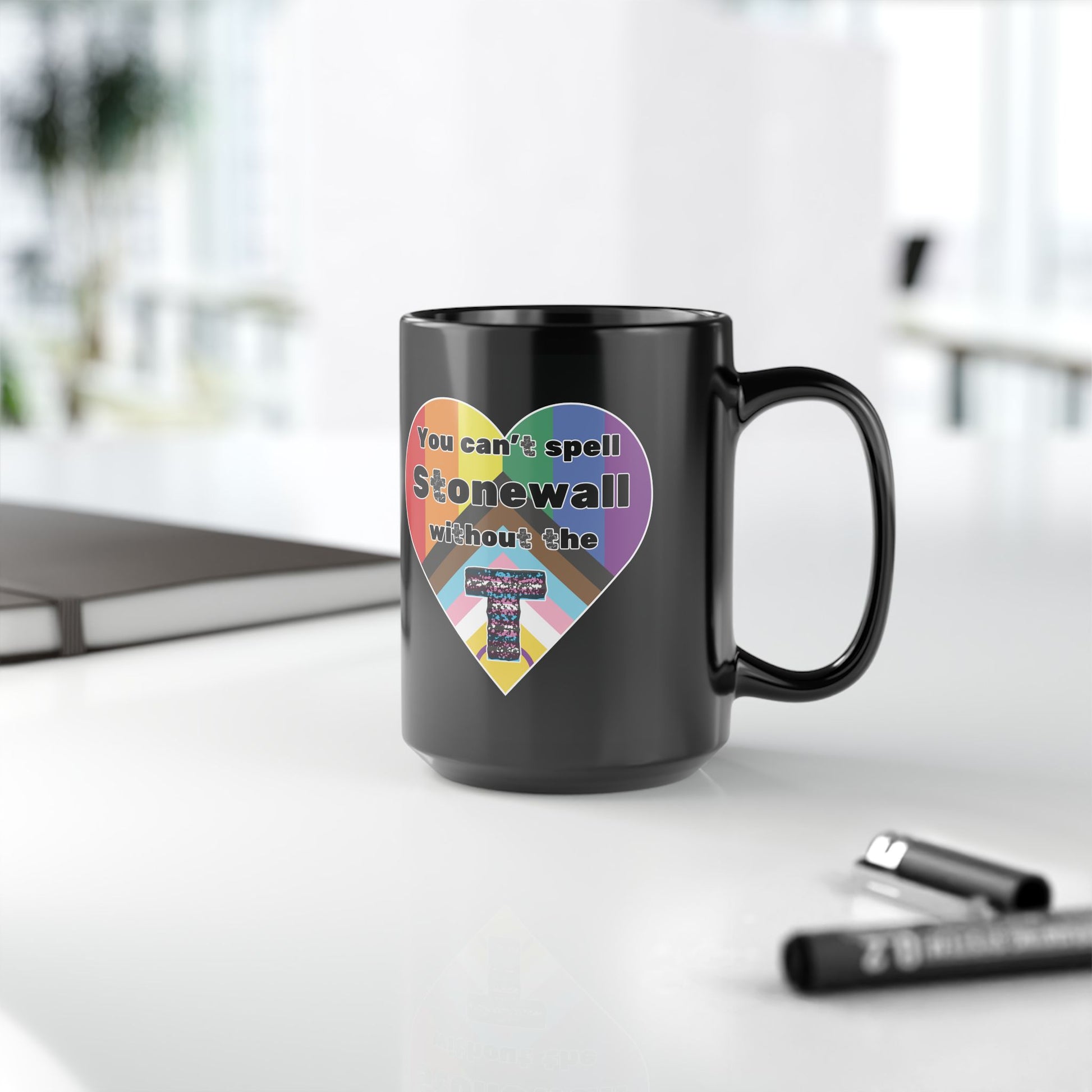 Pride Heart Mug - 15oz Black Coffee Cup with Stonewall Tribute