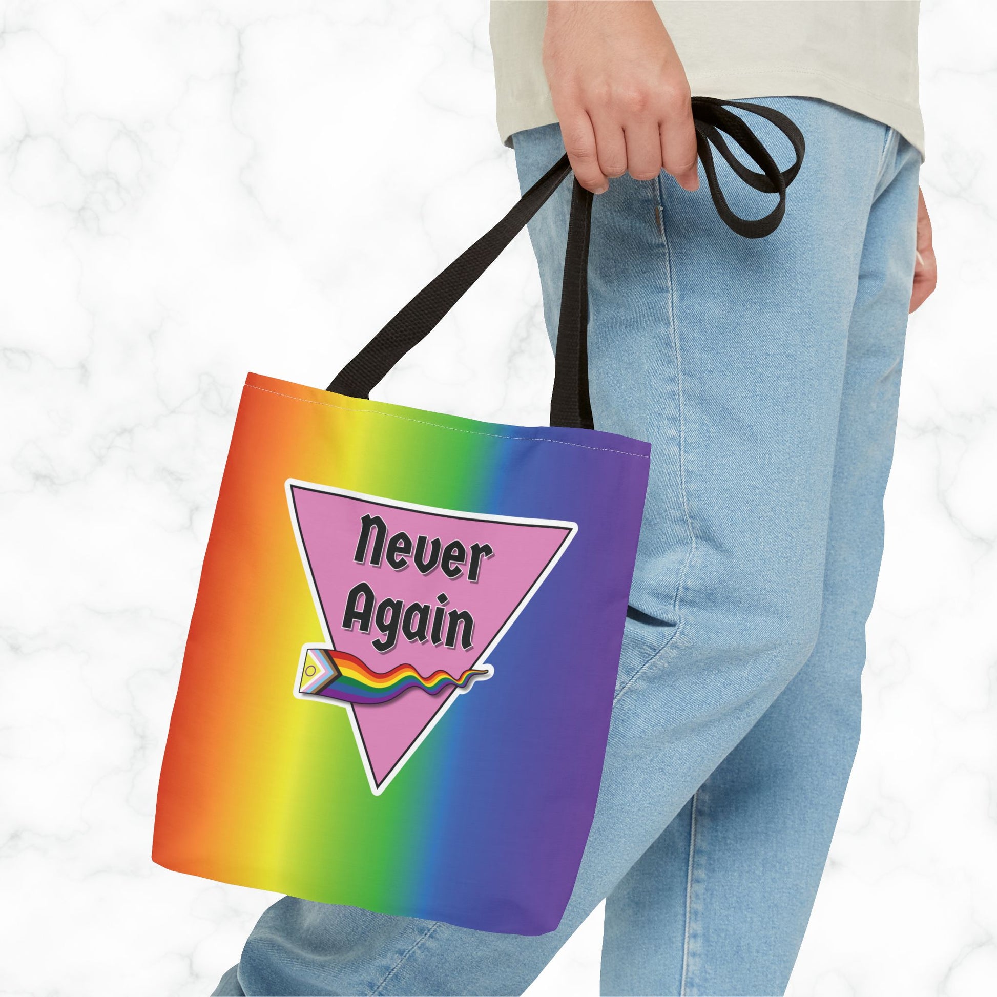 Pride Tote Bag - 'Never Again' Rainbow Design for LGBTQ+ Advocacy