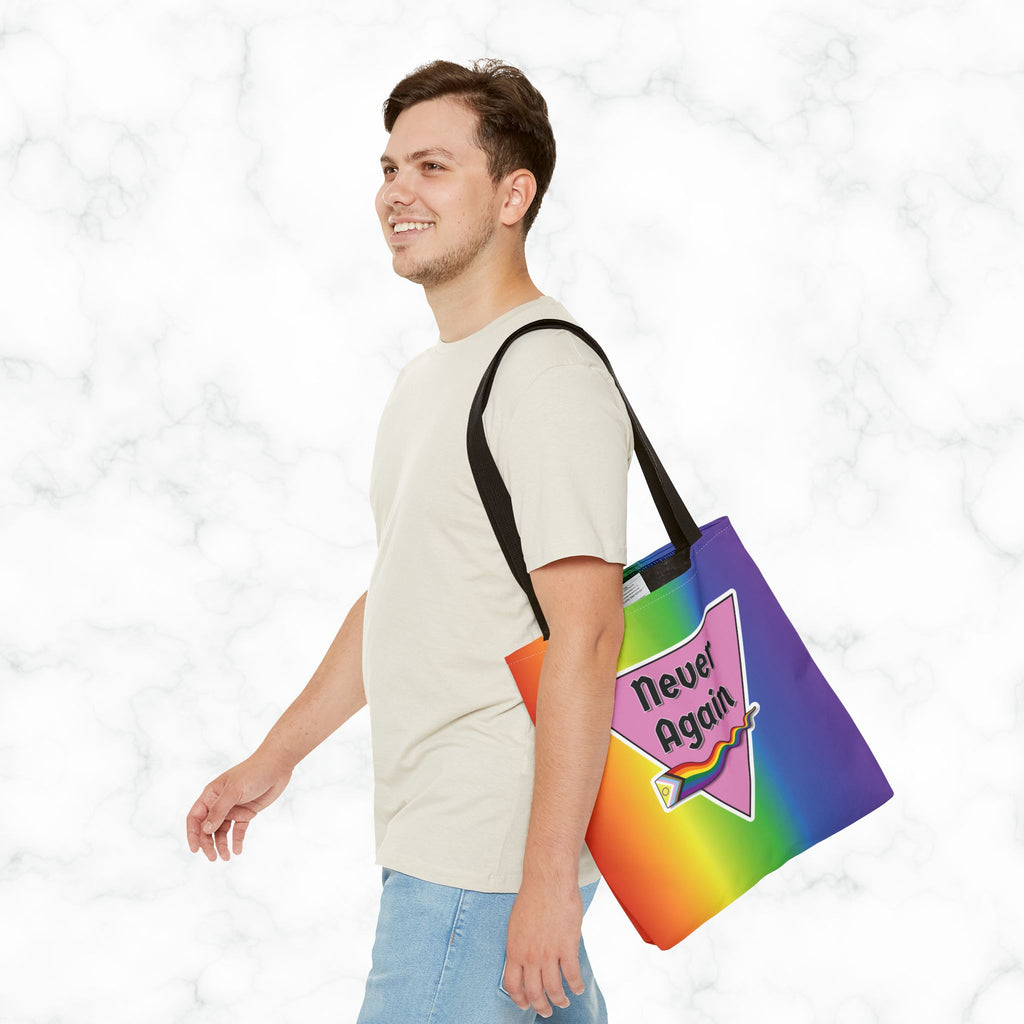 Pride Tote Bag - 'Never Again' Rainbow Design for LGBTQ+ Advocacy