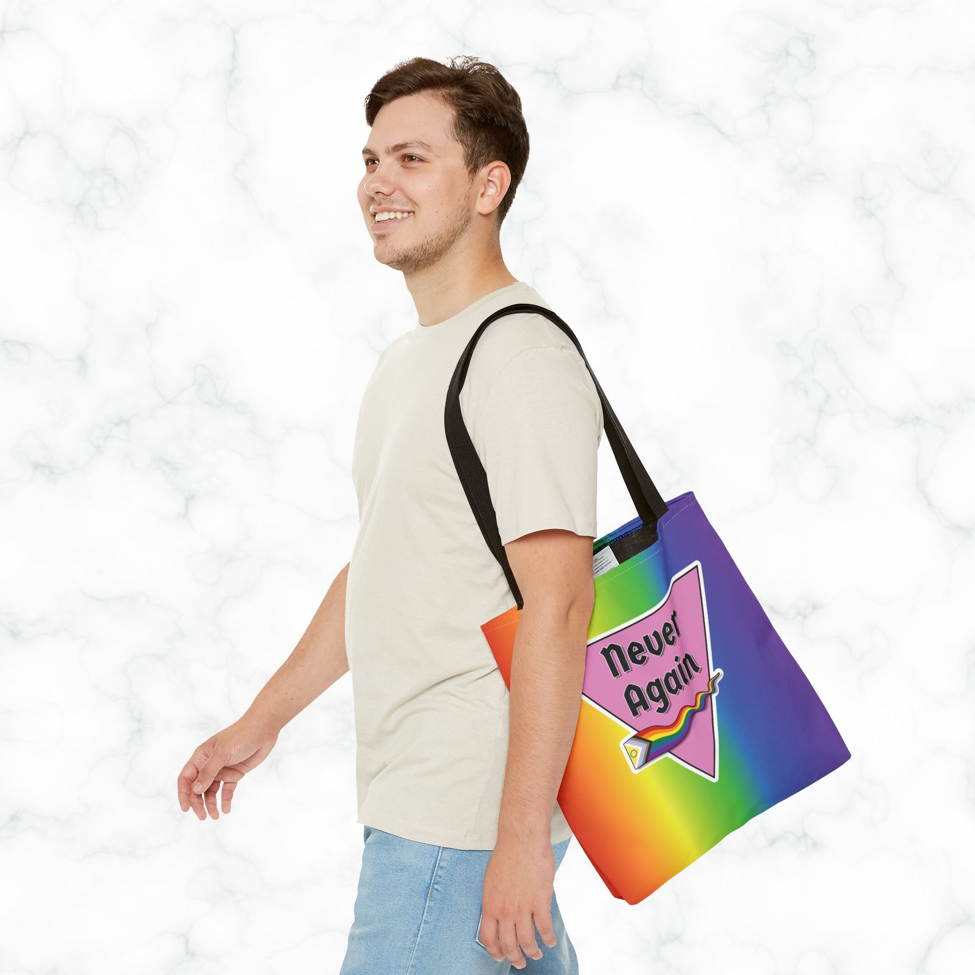 Pride Tote Bag - 'Never Again' Rainbow Design for LGBTQ+ Advocacy
