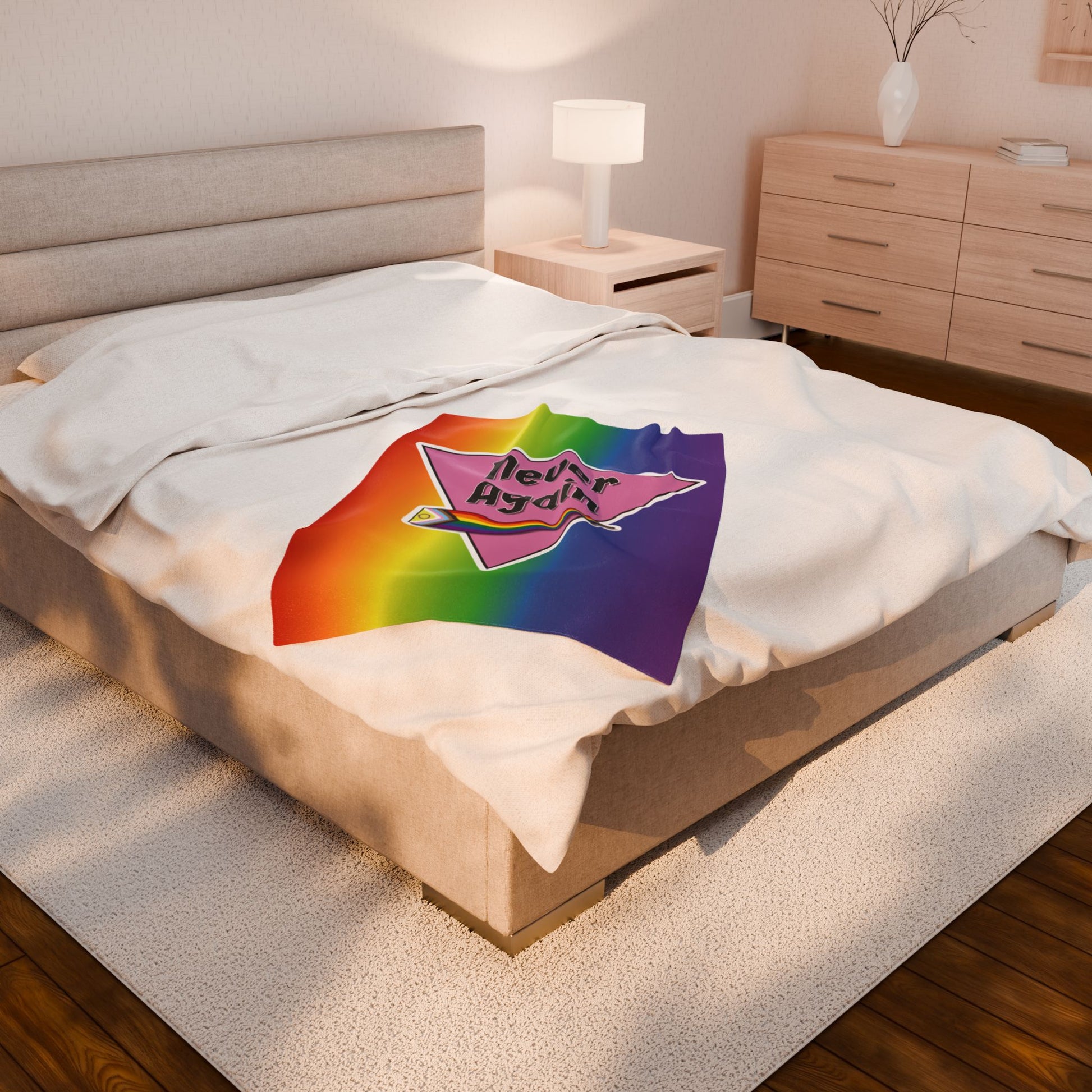 Never Again Rainbow Velveteen Plush Blanket - Soft & Cozy Decor for Pride Events