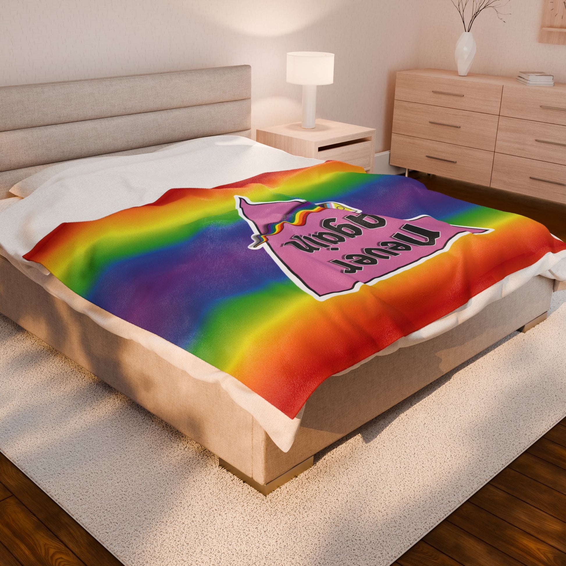 Never Again Rainbow Velveteen Plush Blanket - Soft & Cozy Decor for Pride Events