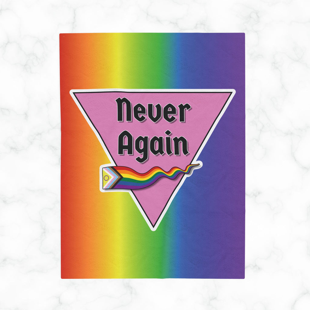 Never Again Rainbow Velveteen Plush Blanket - Soft & Cozy Decor for Pride Events