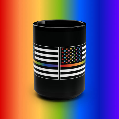 15oz Black Pride Mug - American Flag with Rainbow Stripes