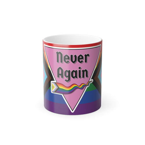 "Never Again" Pink Triangle & Progress Pride FlagColor Morphing Mug