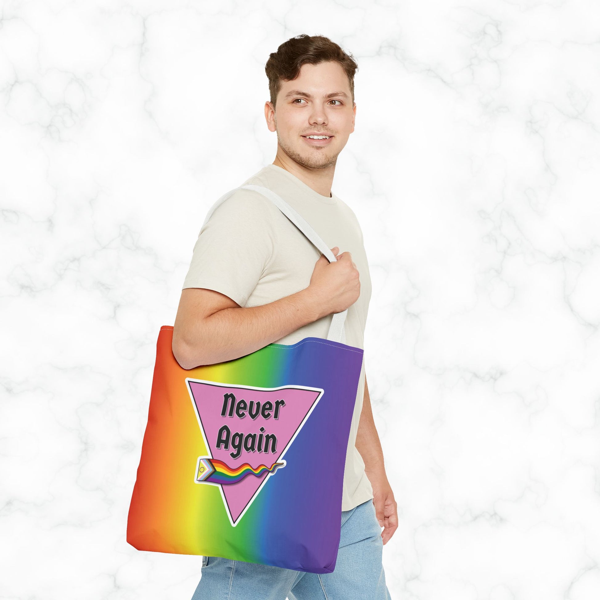 Pride Tote Bag - 'Never Again' Rainbow Design for LGBTQ+ Advocacy