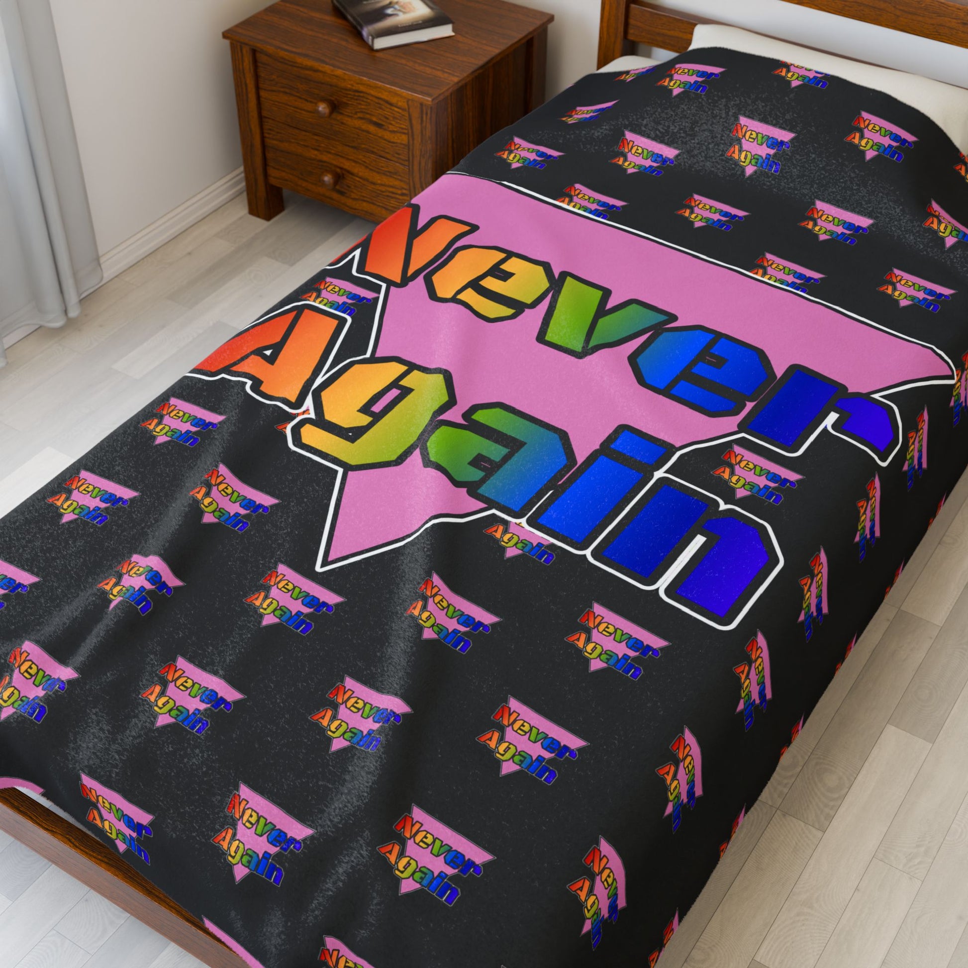 Never Again Bold Rainbow Letters Velveteen Plush Blanket