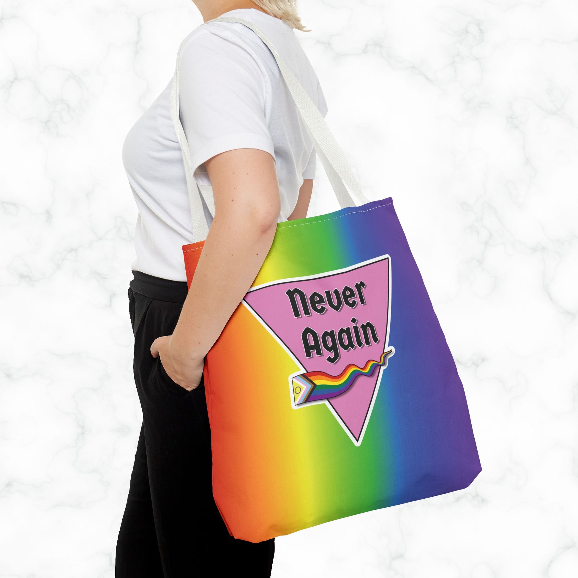 Pride Tote Bag - 'Never Again' Rainbow Design for LGBTQ+ Advocacy
