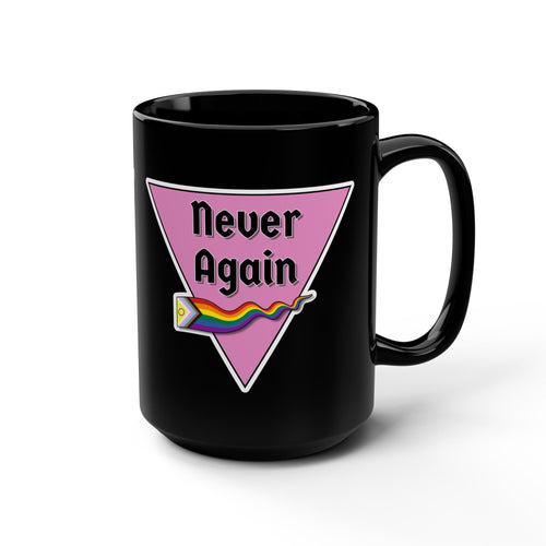 'Never Again' Pink Triangle & Flag 15oz Black Mug