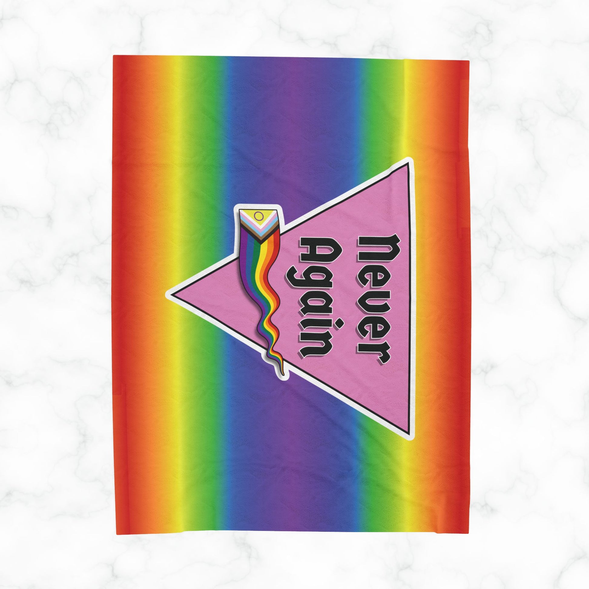 Never Again Rainbow Velveteen Plush Blanket - Soft & Cozy Decor for Pride Events
