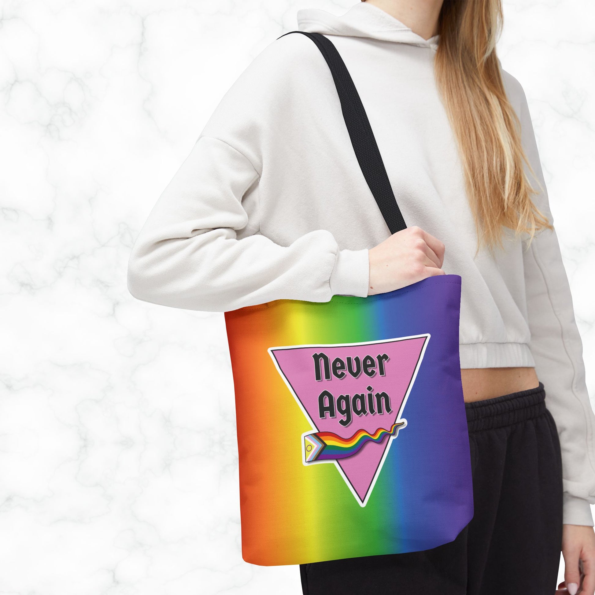 Pride Tote Bag - 'Never Again' Rainbow Design for LGBTQ+ Advocacy